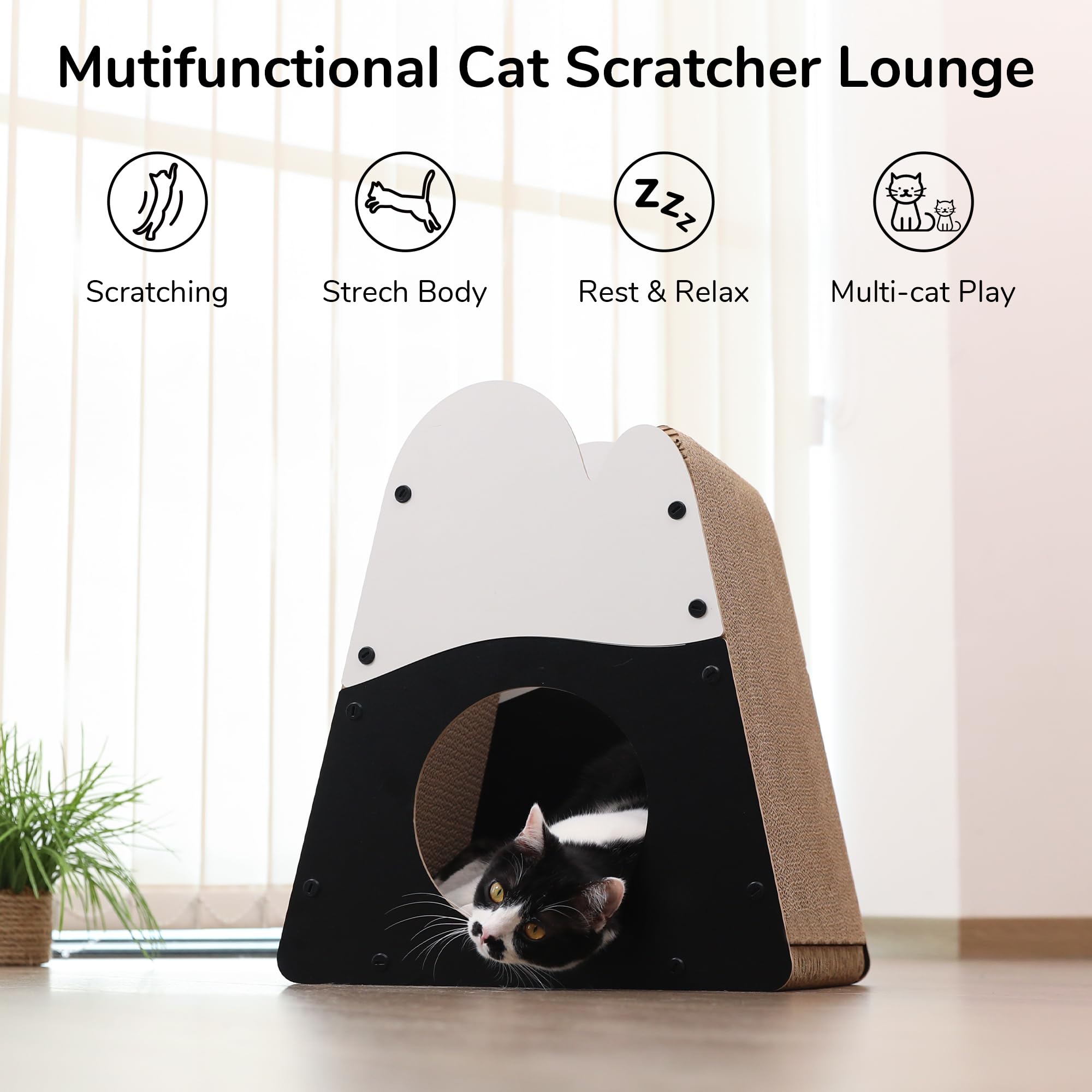 FUKUMARU Cat Scratcher House entrance highlights the wide 7.9-inch opening for larger cats.