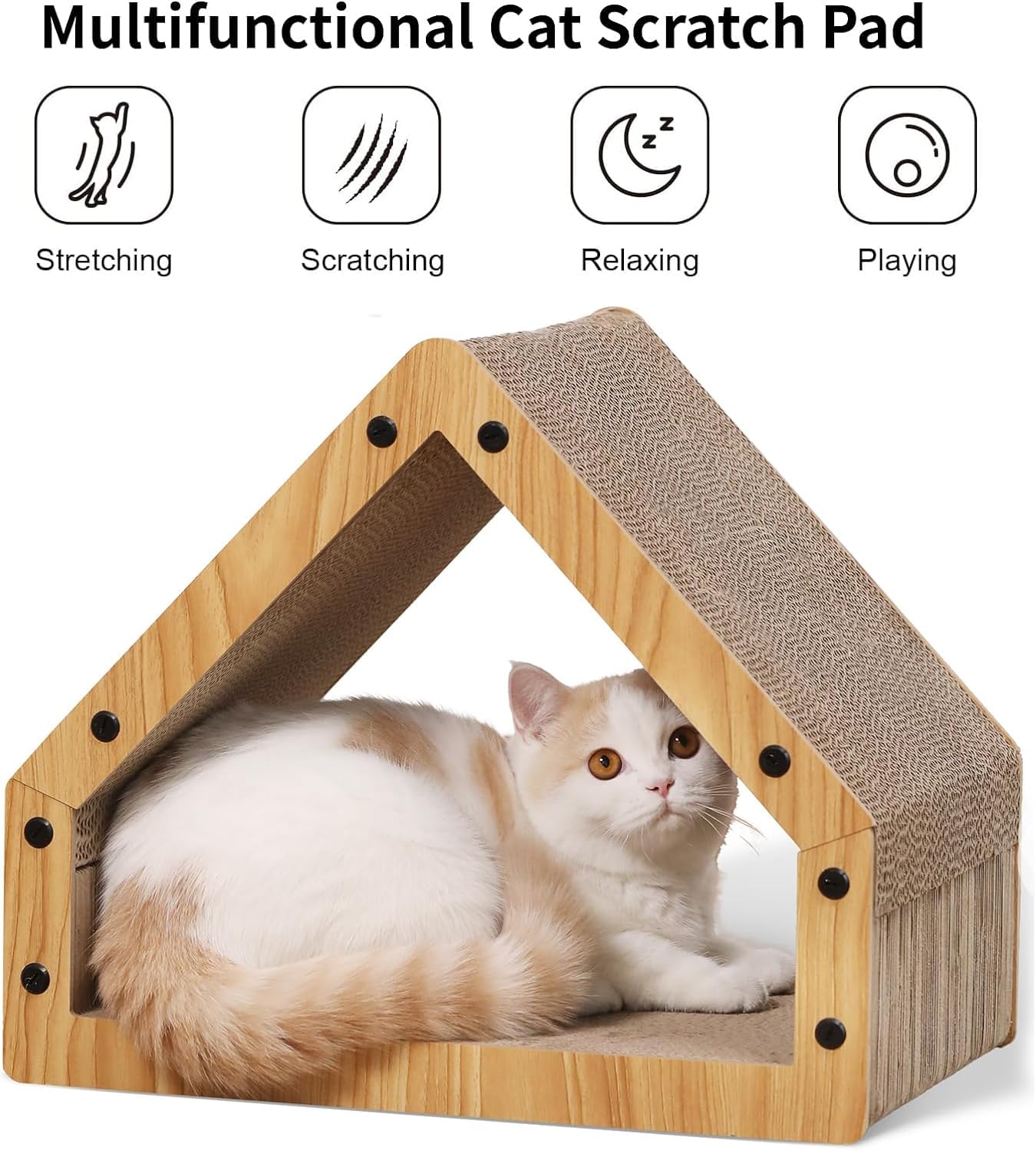 FUKUMARU cat scratcher house multi-use design doubles as tunnel for play and rest.