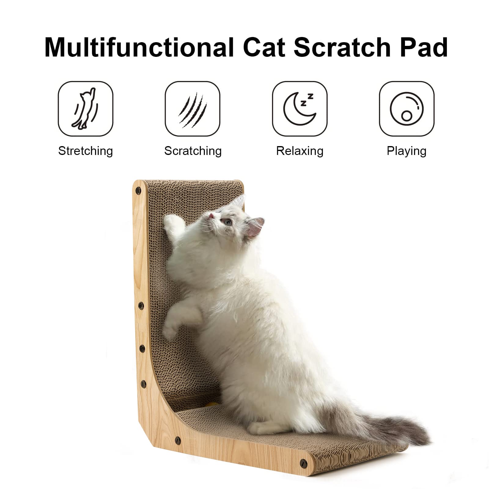 FUKUMARU cat scratcher L-shape dimensions highlight versatile placement and lounging.