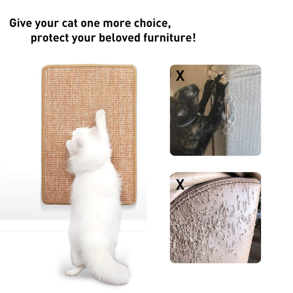 FUKUMARU cat scratcher mat attached to furniture with sticky tapes for durable placement.