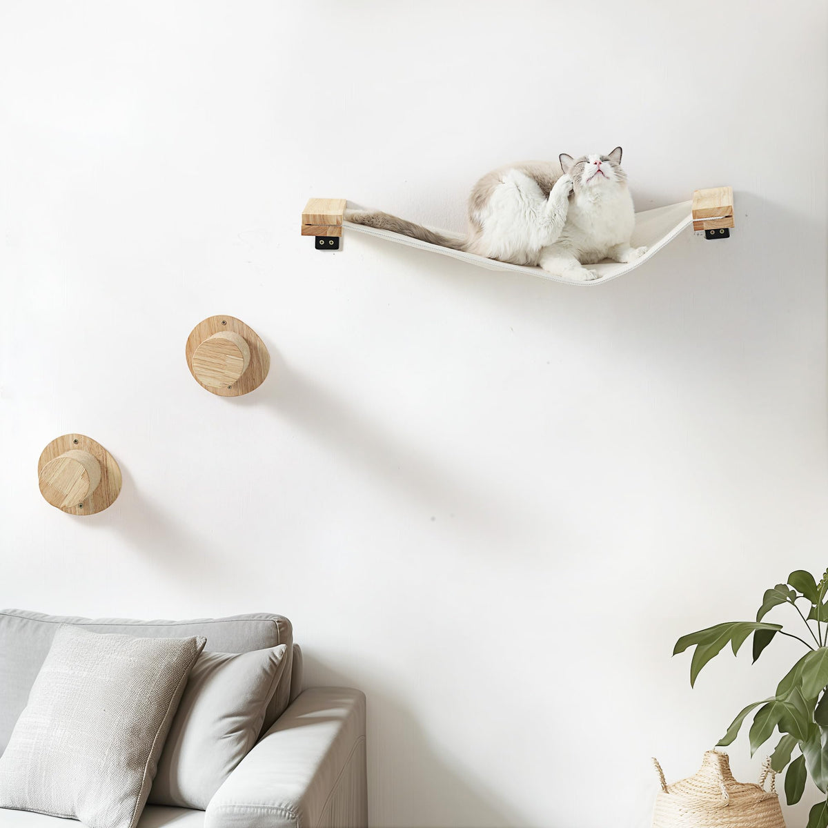 FUKUMARU cat wall furniture setup shows sturdy two-shelf system mounted on the wall