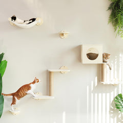 FUKUMARU cat wall shelves beige assembly view shows stable five-piece setup.