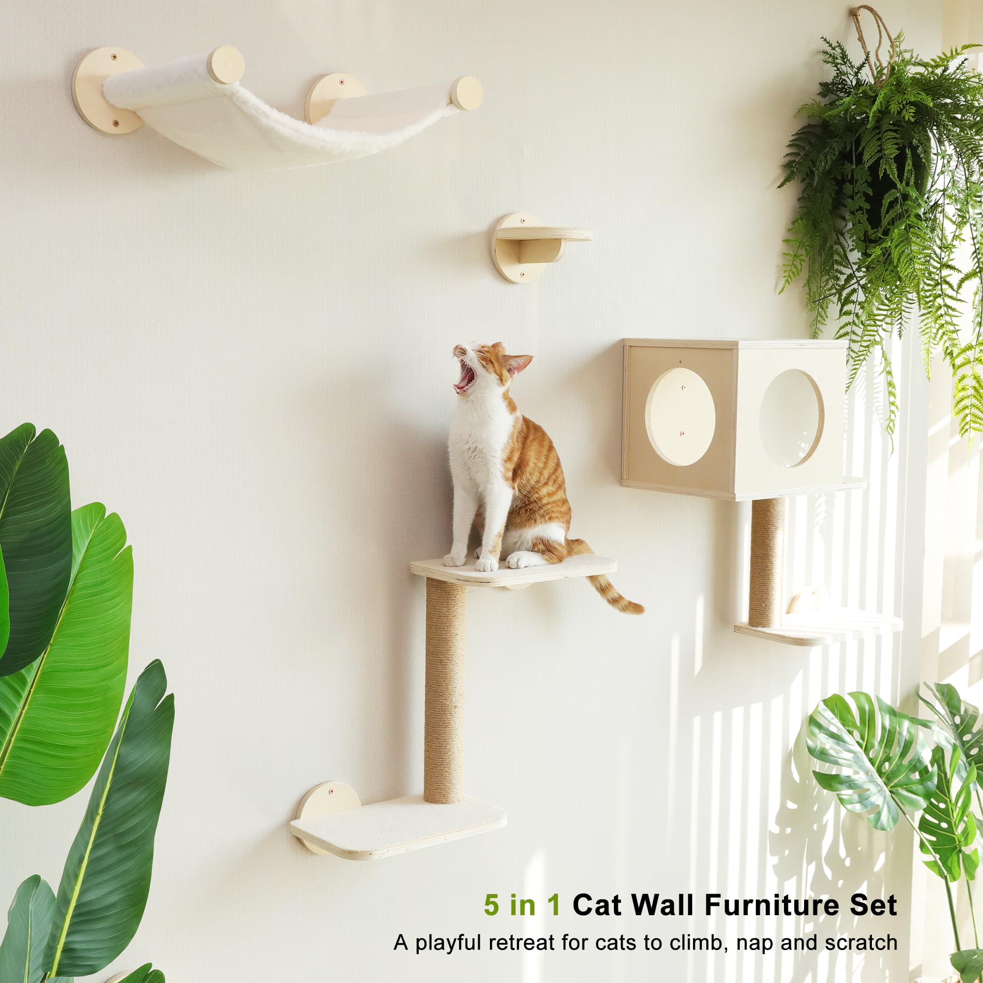 FUKUMARU cat wall shelves beige scratching post emphasizes built-in scratch area.