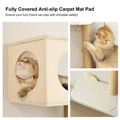 FUKUMARU cat wall shelves beige steps highlight accessible climbing routes.