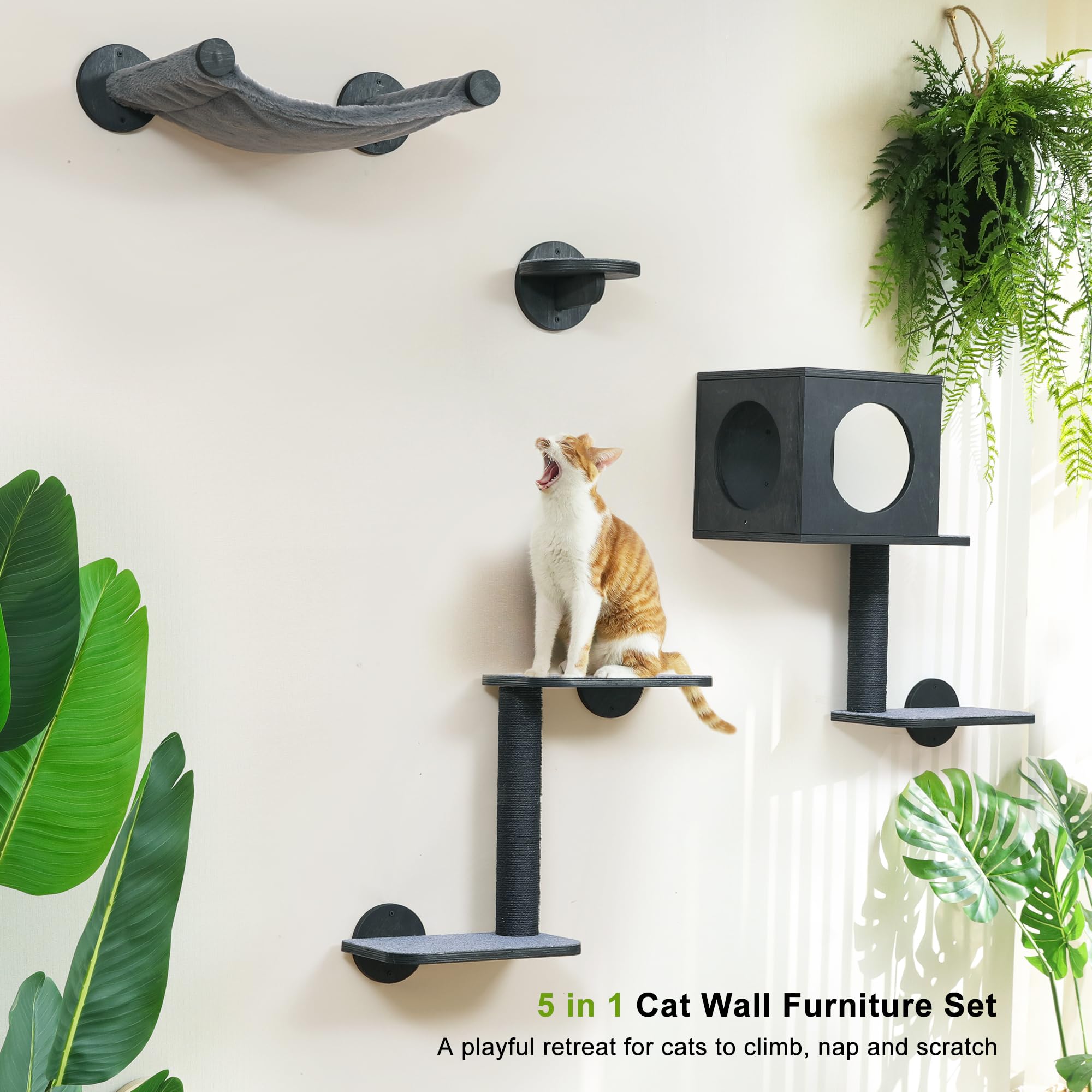 FUKUMARU Cat Wall Shelves durable wood construction supports playful jumps.