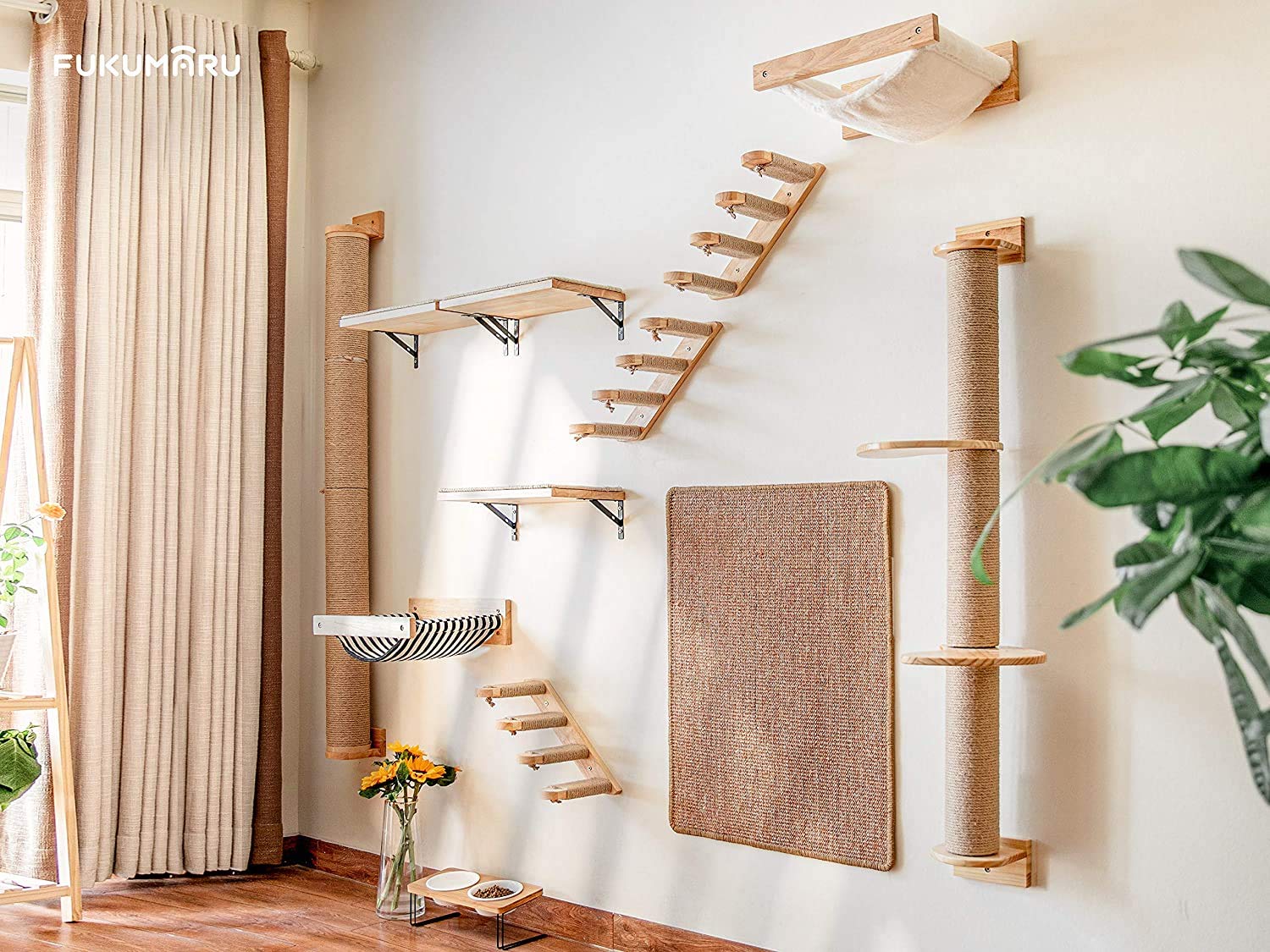 FUKUMARU multi-level cat wall tree encourages vertical exploration and rest.