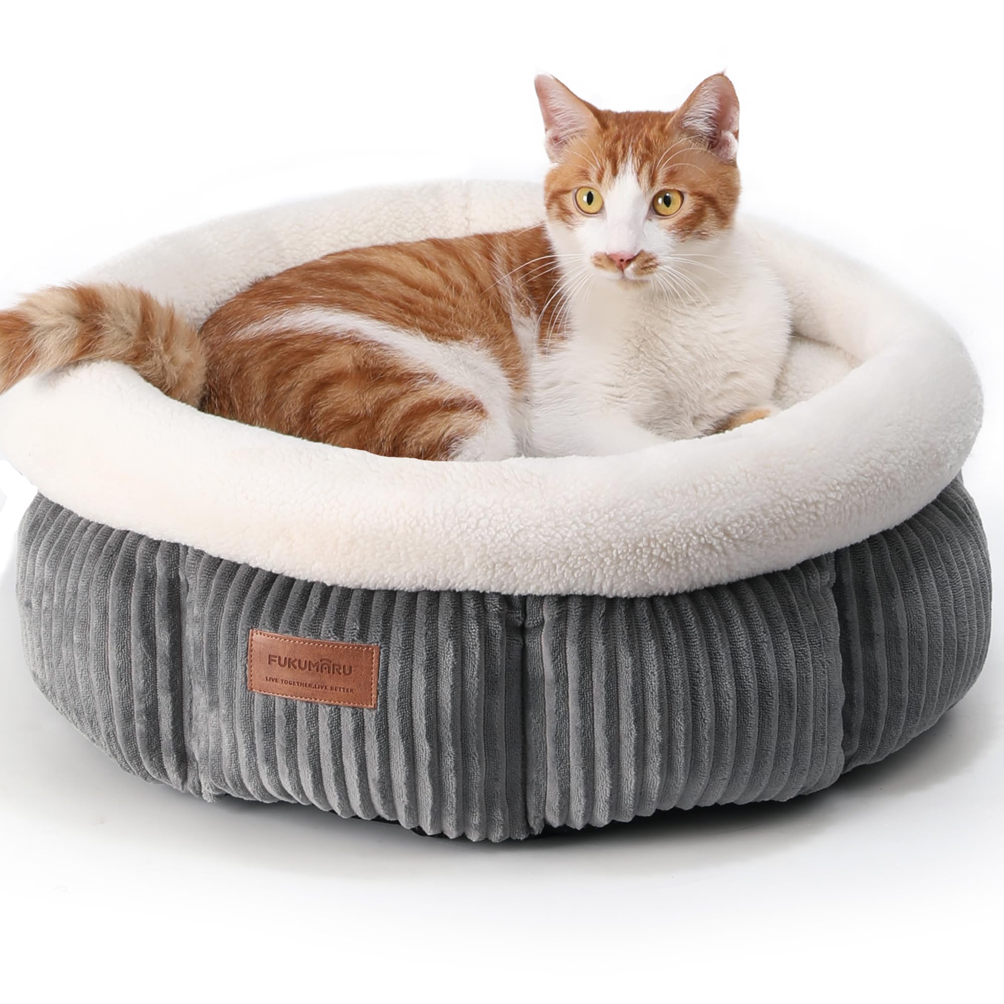FUKUMARU corduroy-round cat bed front view in grey offers cozy, secure naps.