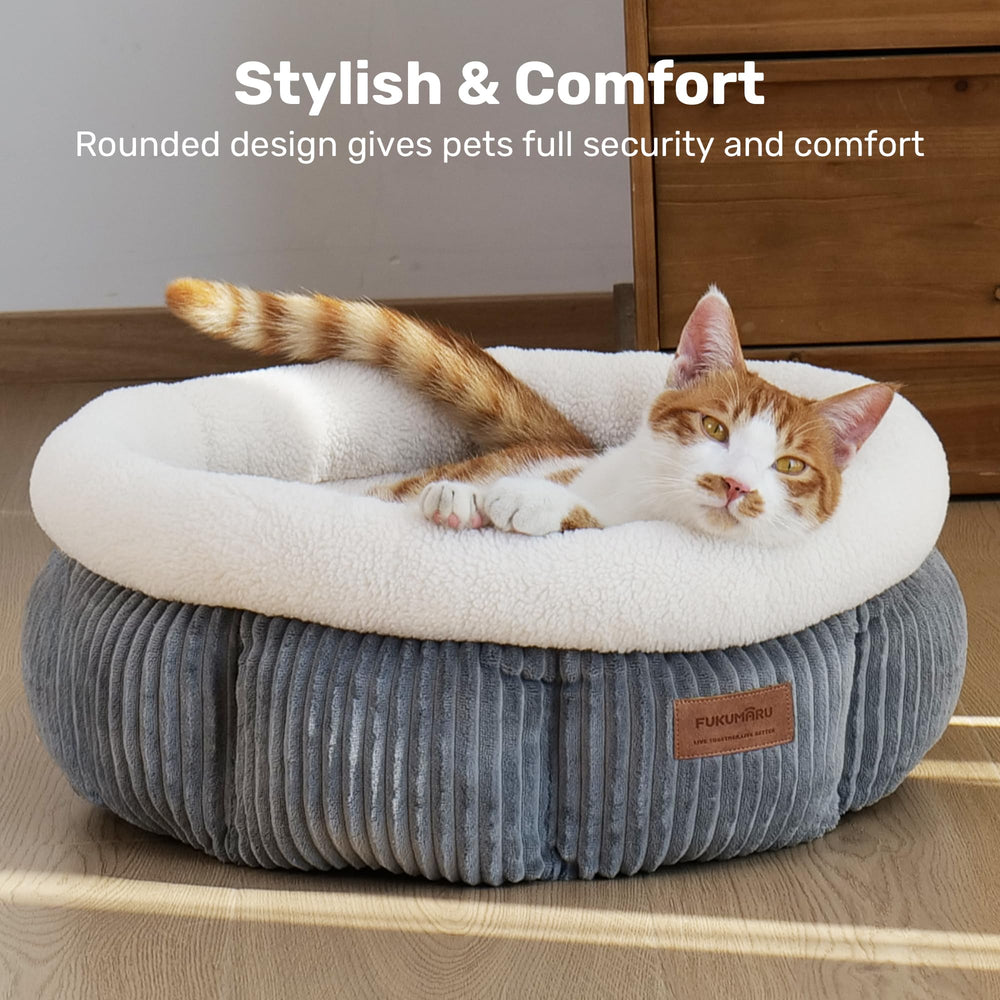 FUKUMARU corduroy-round cat bed top view in grey shows circular nest ideal for curling up.