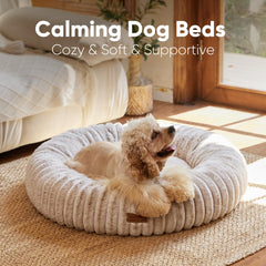 FUKUMARU dog bed camel faux rabbit fur texture adds luxury and softness.