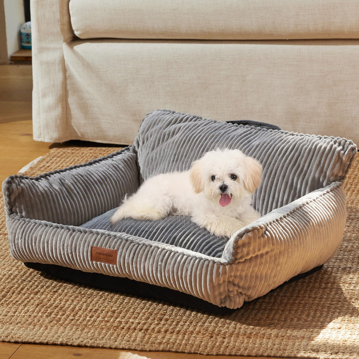 FUKUMARU dog couch bed gray front view with plush corduroy comfort for cozy naps