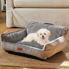 FUKUMARU dog couch bed gray front view with plush corduroy comfort for cozy naps