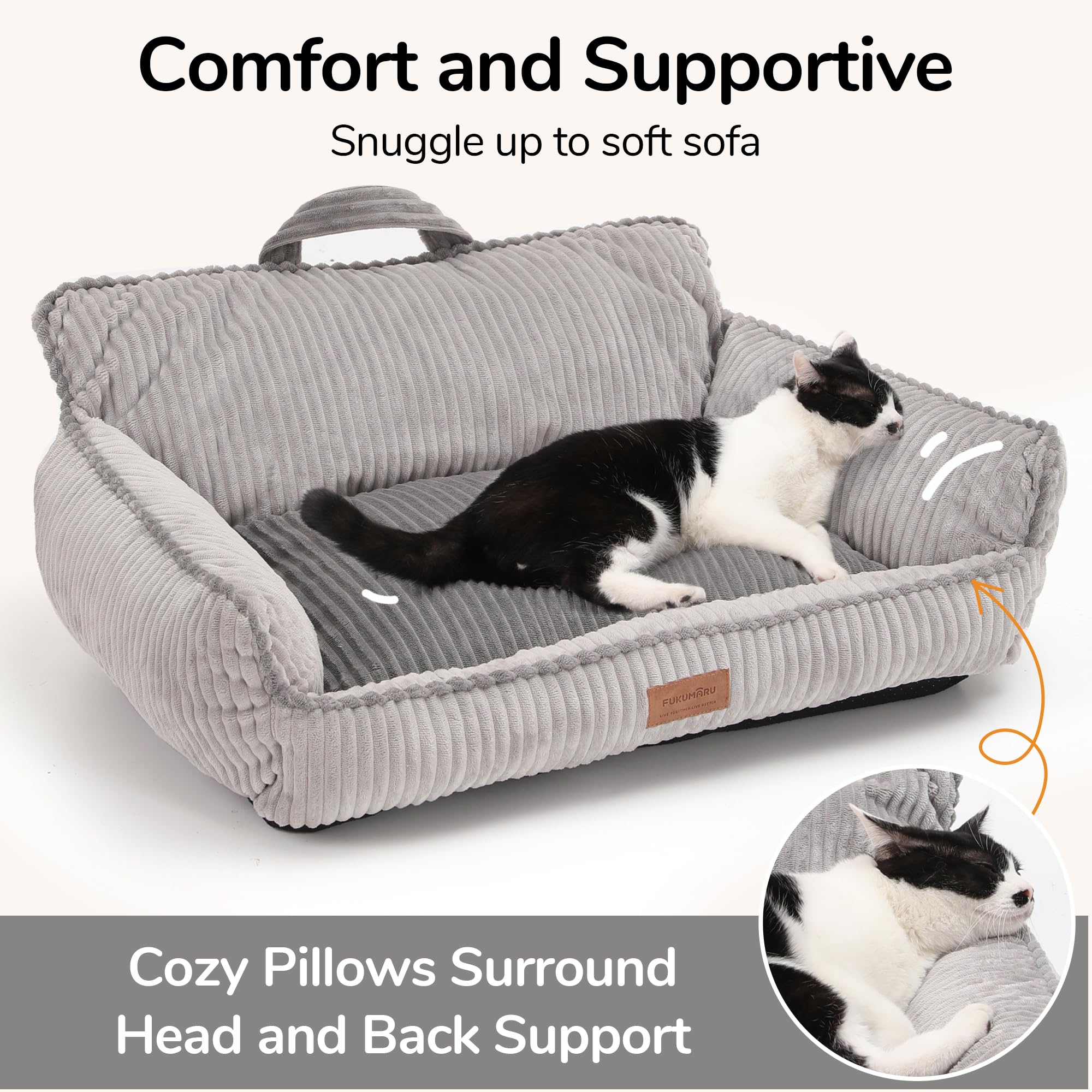 FUKUMARU dog couch bed gray side view highlighting supportive bolsters for restful sleep