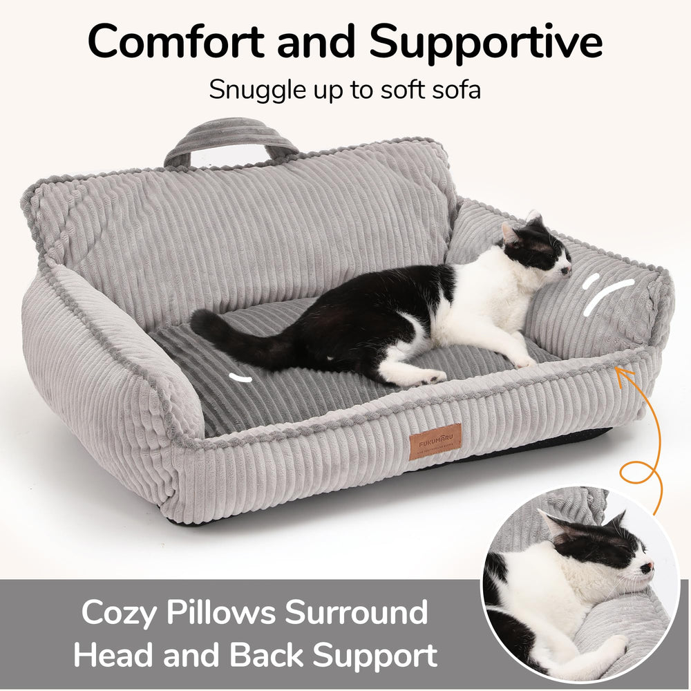 FUKUMARU dog couch bed gray side view highlighting supportive bolsters for restful sleep