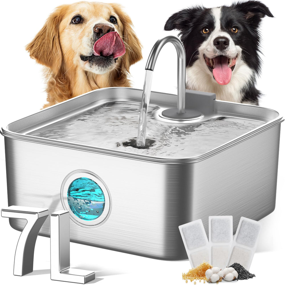 FUKUMARU dog water fountain front view showing stainless steel construction for multi-pet homes