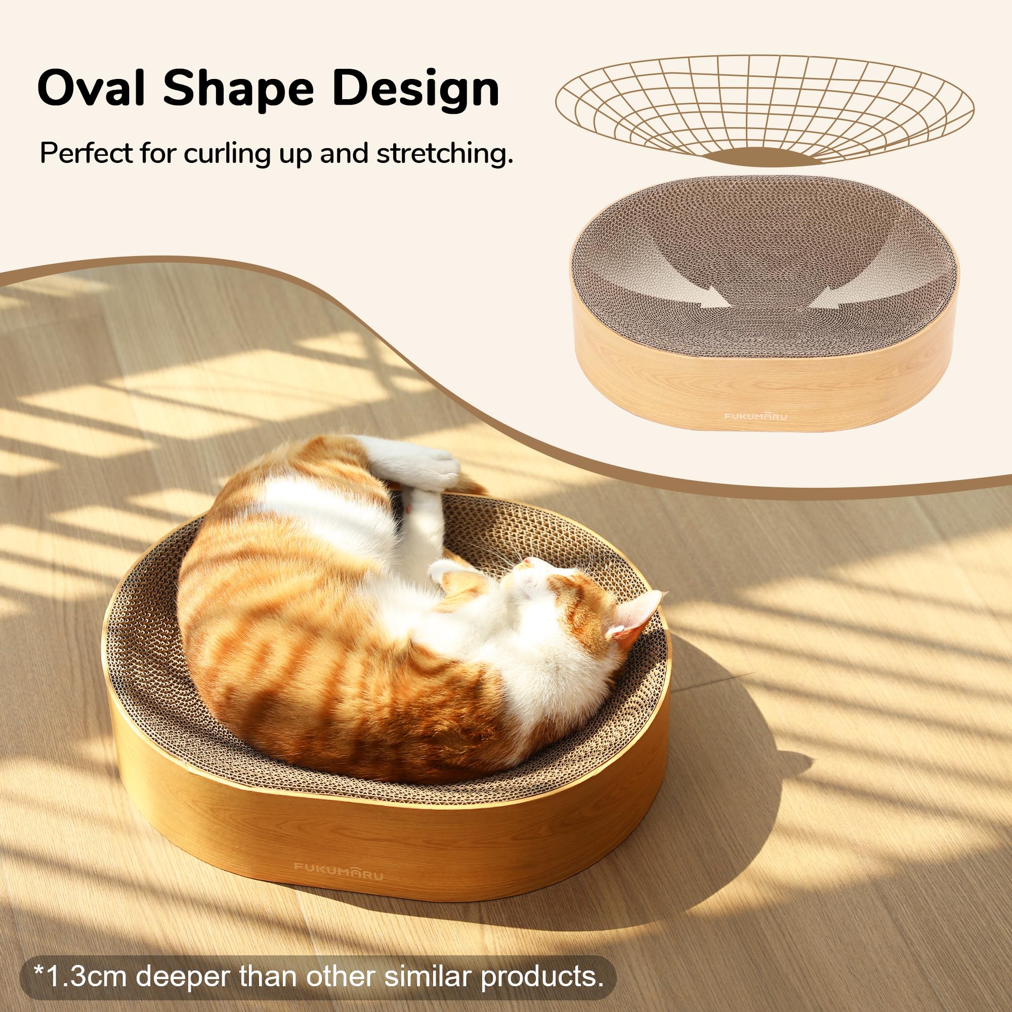 FUKUMARU enclosed-base scratcher keeps shredded cardboard contained and floors clean.