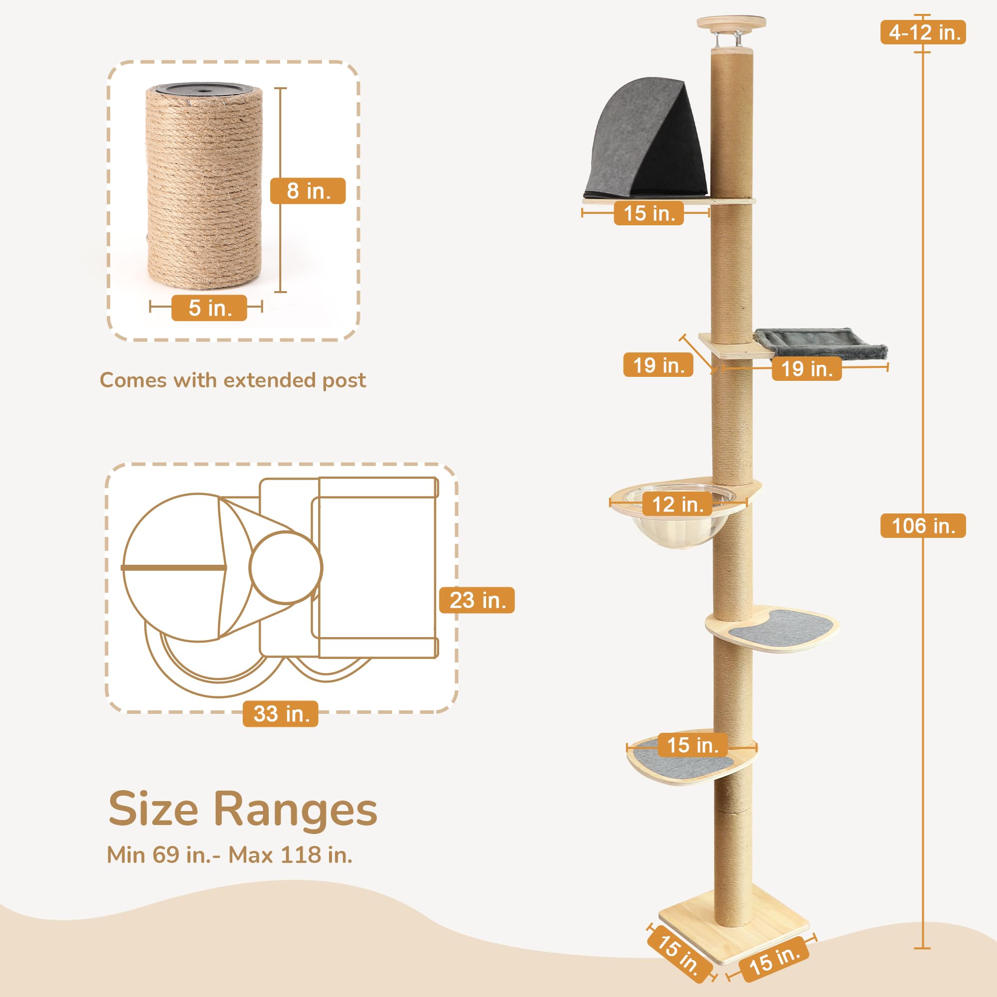 FUKUMARU cat tree thickened posts provide durable scratching support.