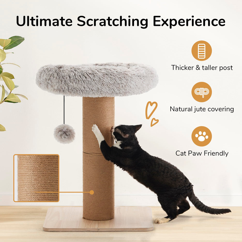 FUKUMARU natural jute scratching post with solid wood base for durability.