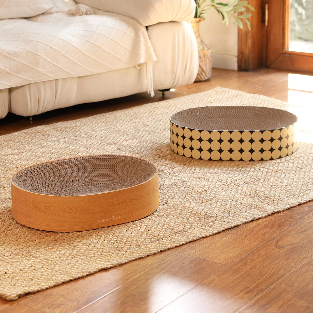 FUKUMARU Polka-dot-surface image demonstrates stylish decor-friendly cat furniture protector.