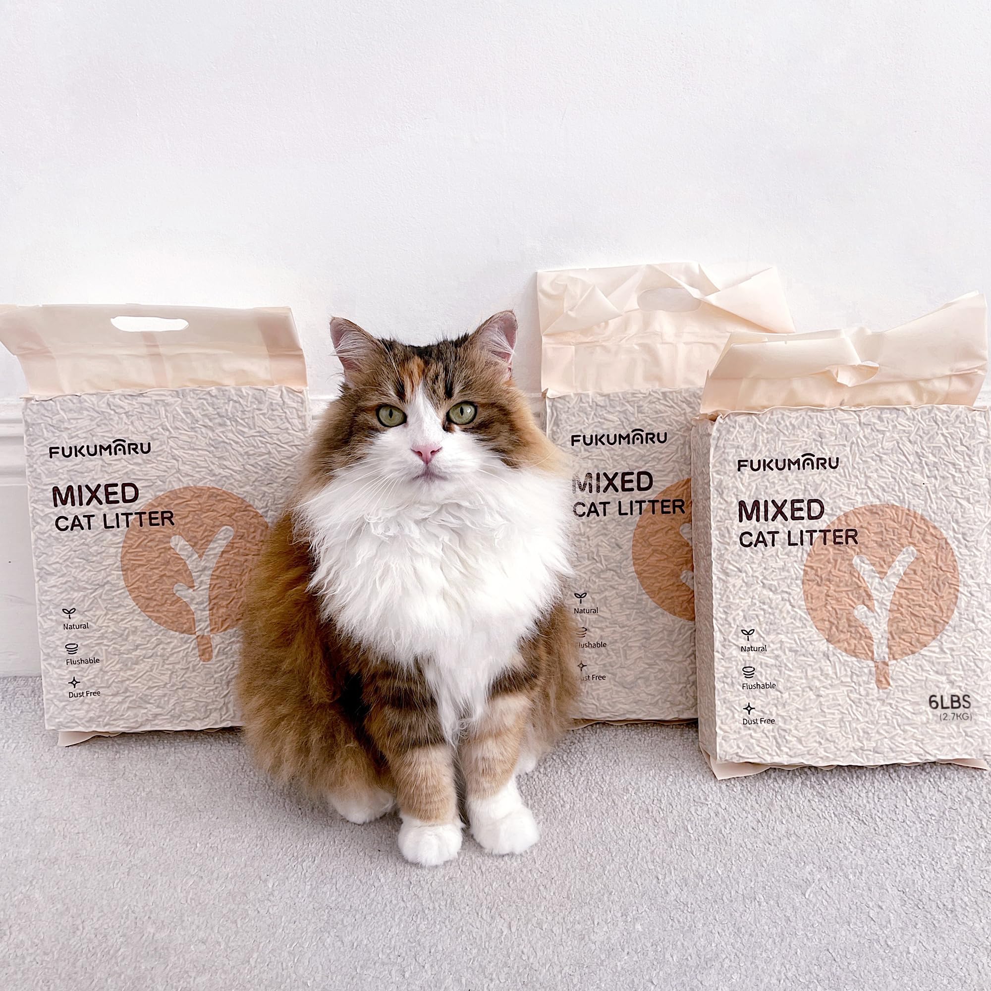 FUKUMARU tofu cat litter flushable feature shown with toilet disposal option.