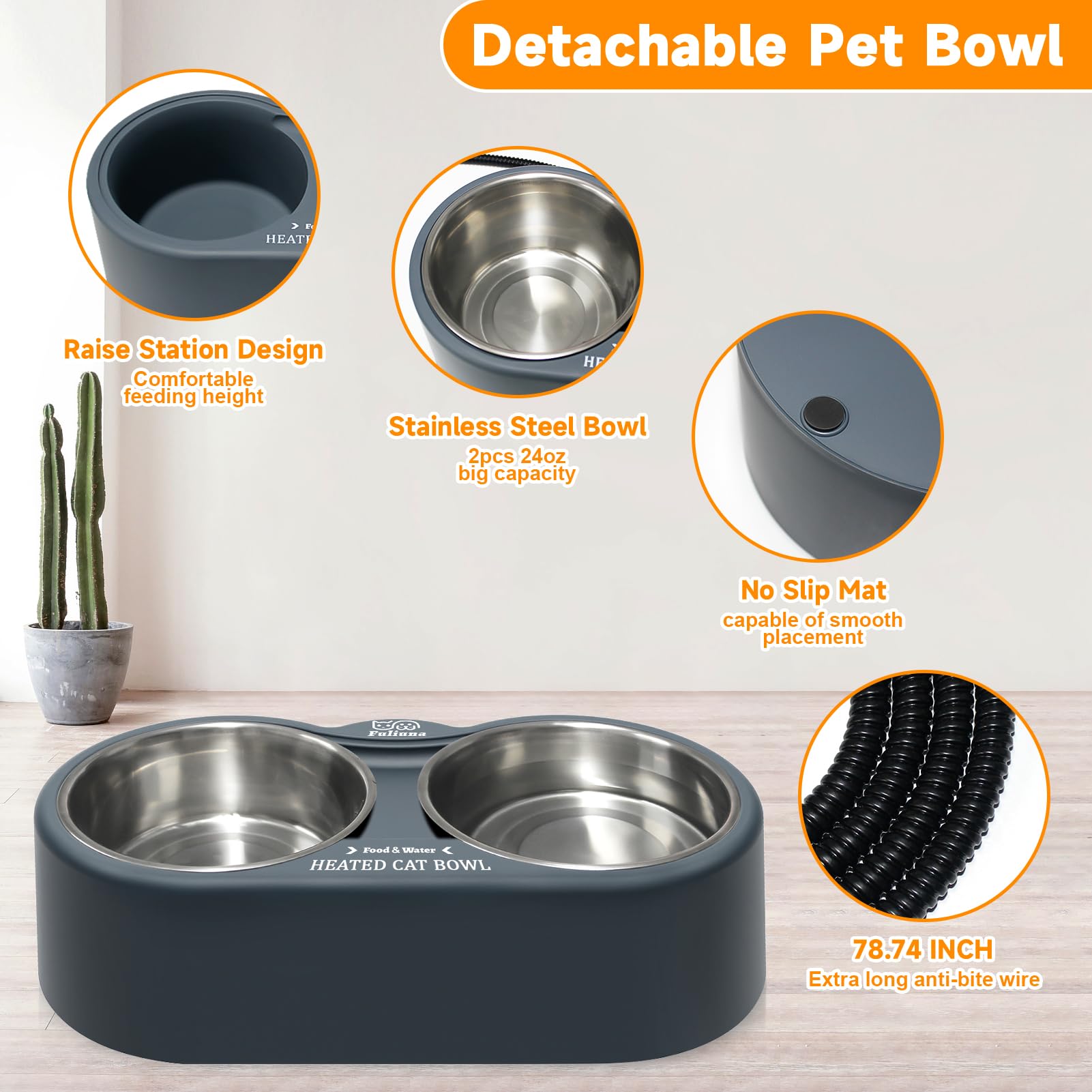 Fuliuna heated cat bowl side view highlights 25W heater and ample cord length.
