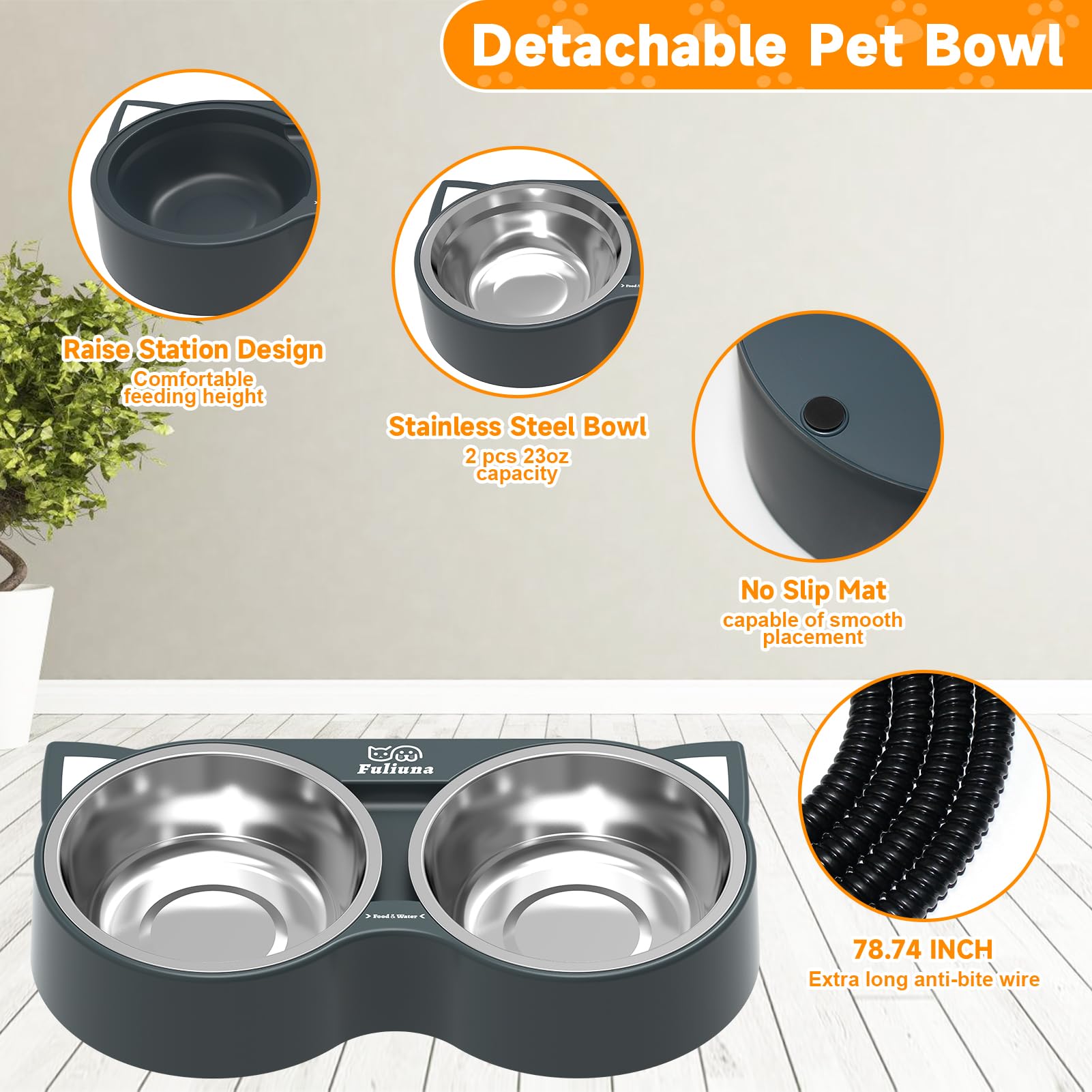 Fuliuna outdoor heated pet bowl shows 23 oz capacity per bowl for generous servings.