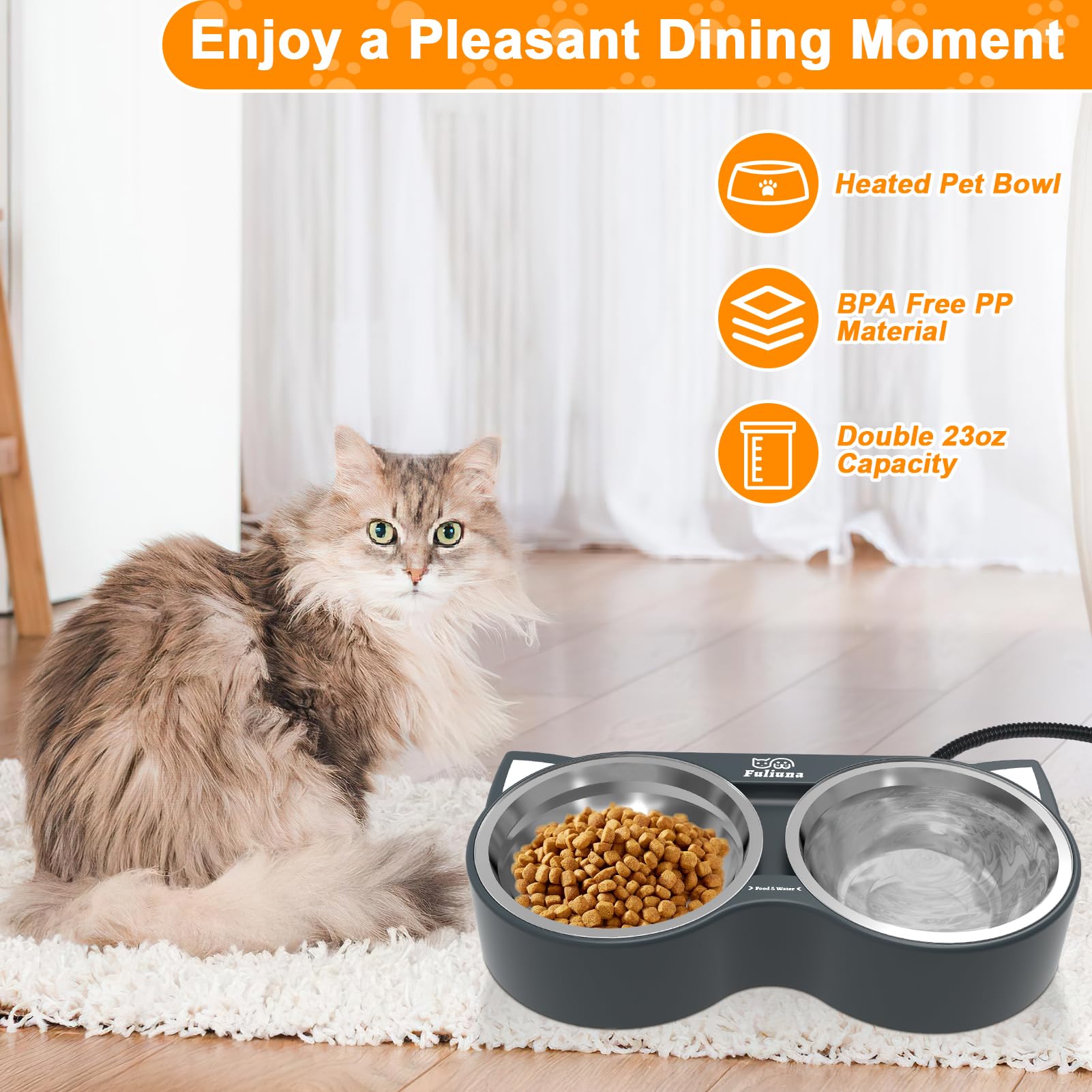 Fuliuna heated bowl features a 25-watt heater for steady warmth without high energy use.