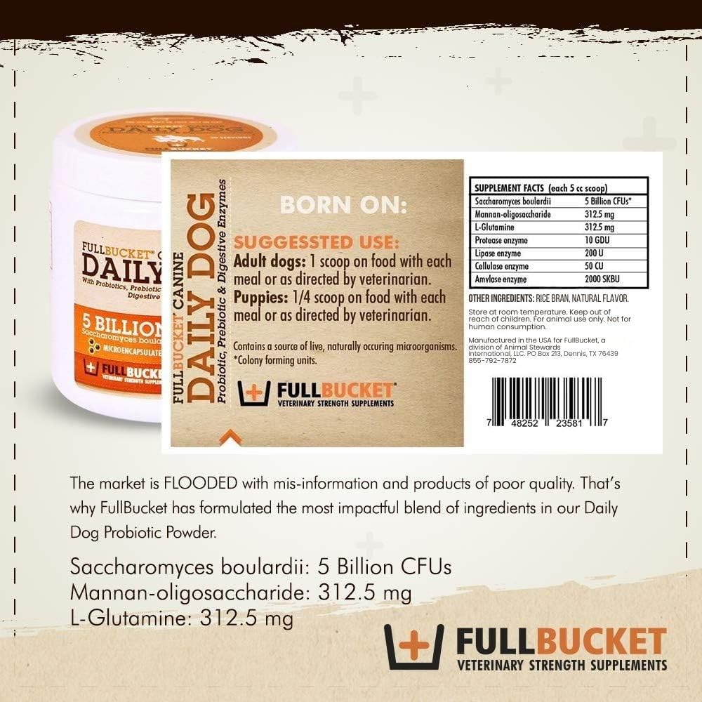 FullBucket Daily Dog Probiotic label-packaging communicates trusted gut support