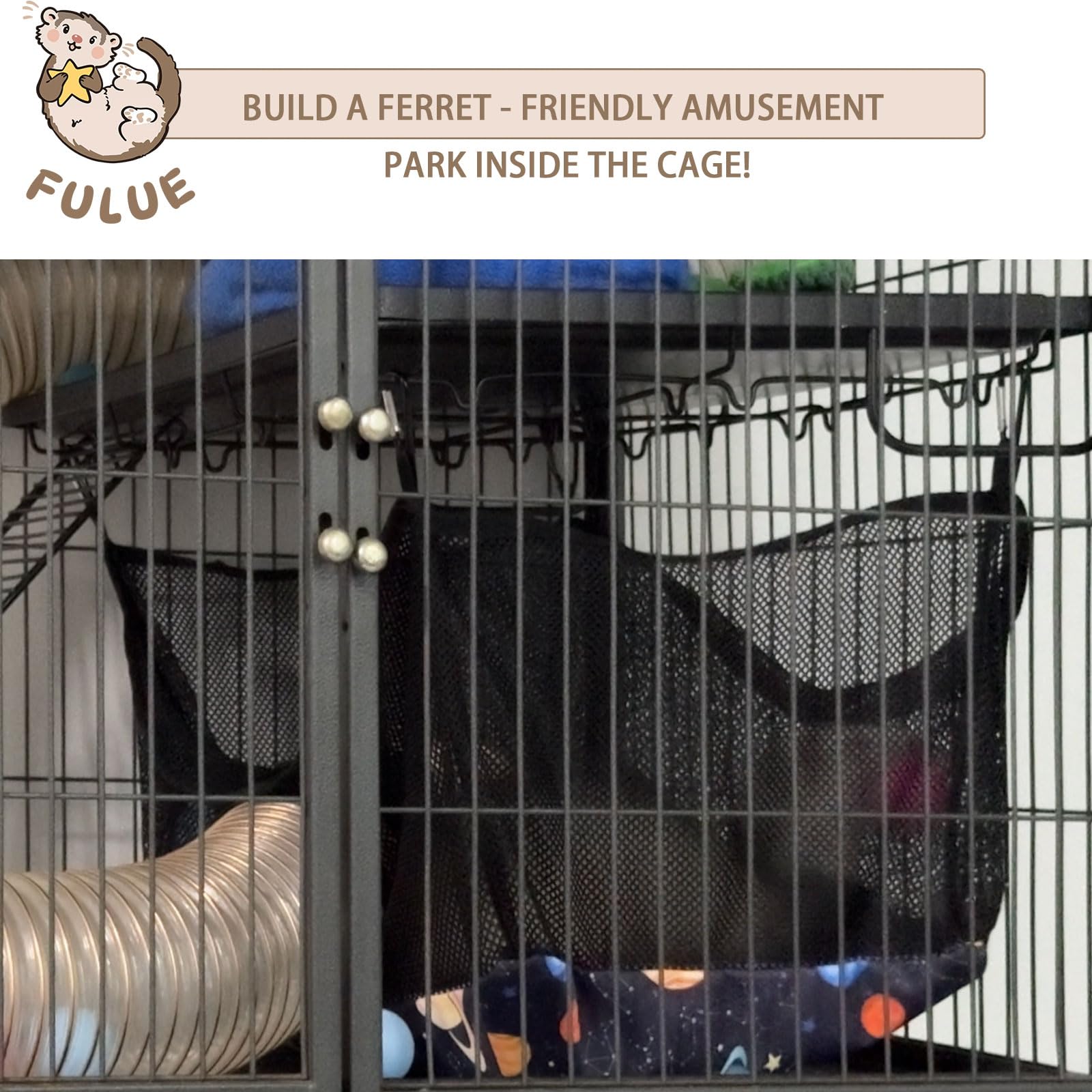 Fulue Ferret Ball Pit Hammock reinforced buckles depict sturdy attachment to the cage.