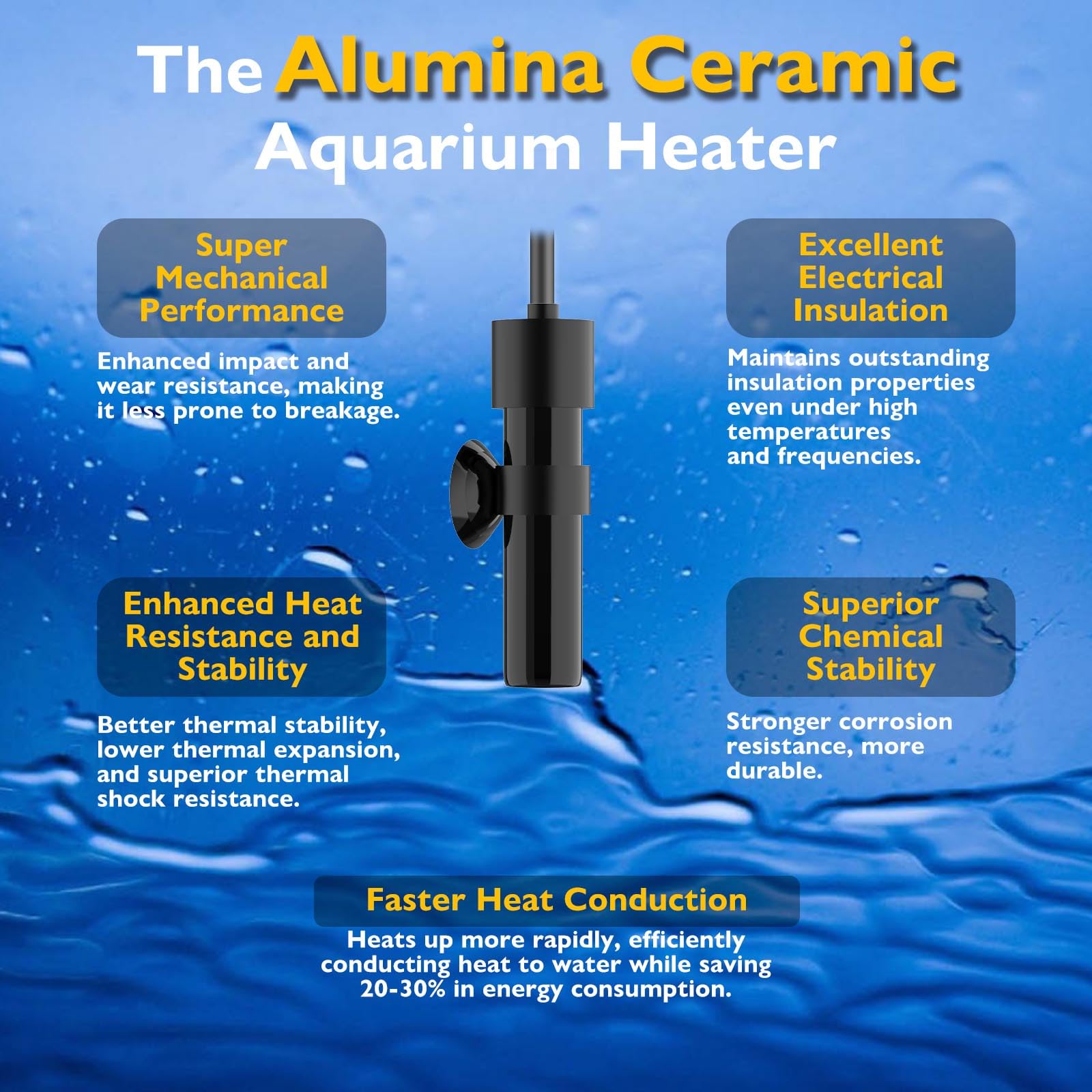 FUMAK alumina ceramic heater durability closeup demonstrates robust heat stability for freshwater and marine setups.