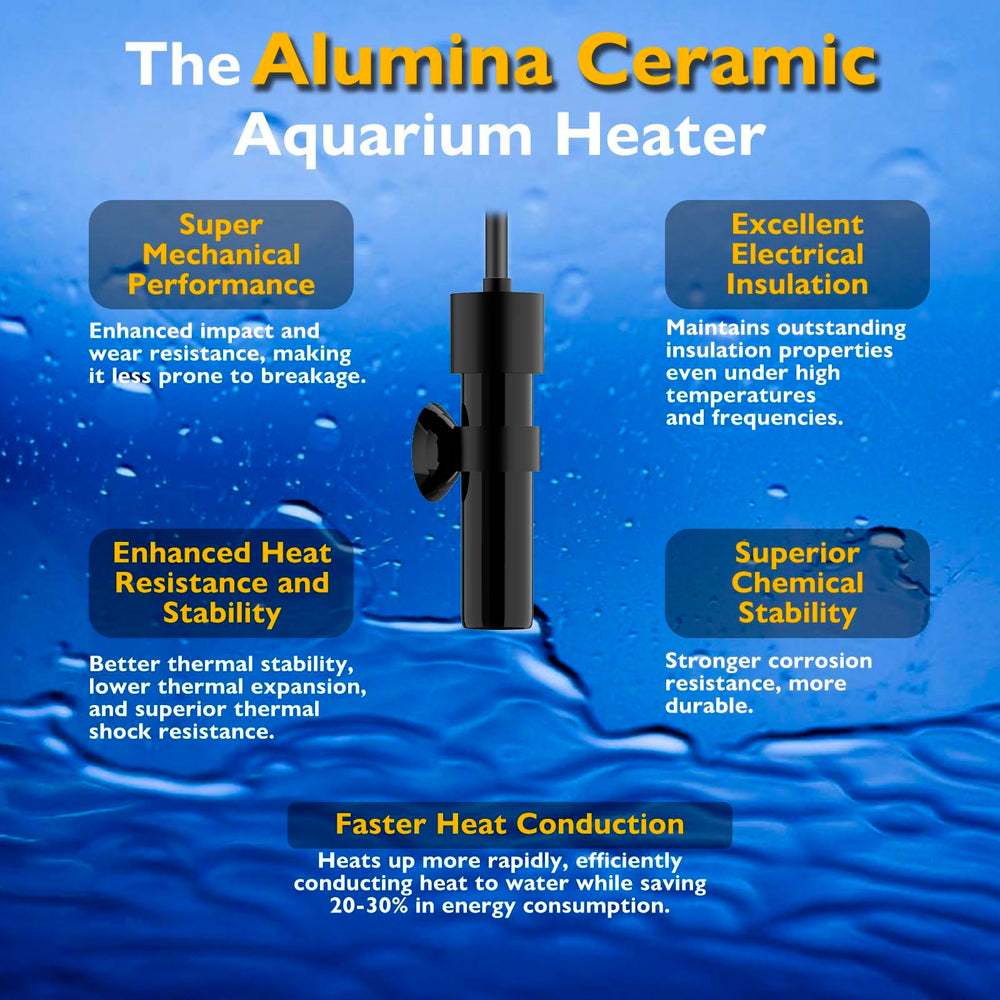 FUMAK alumina ceramic heater durability closeup demonstrates robust heat stability for freshwater and marine setups.