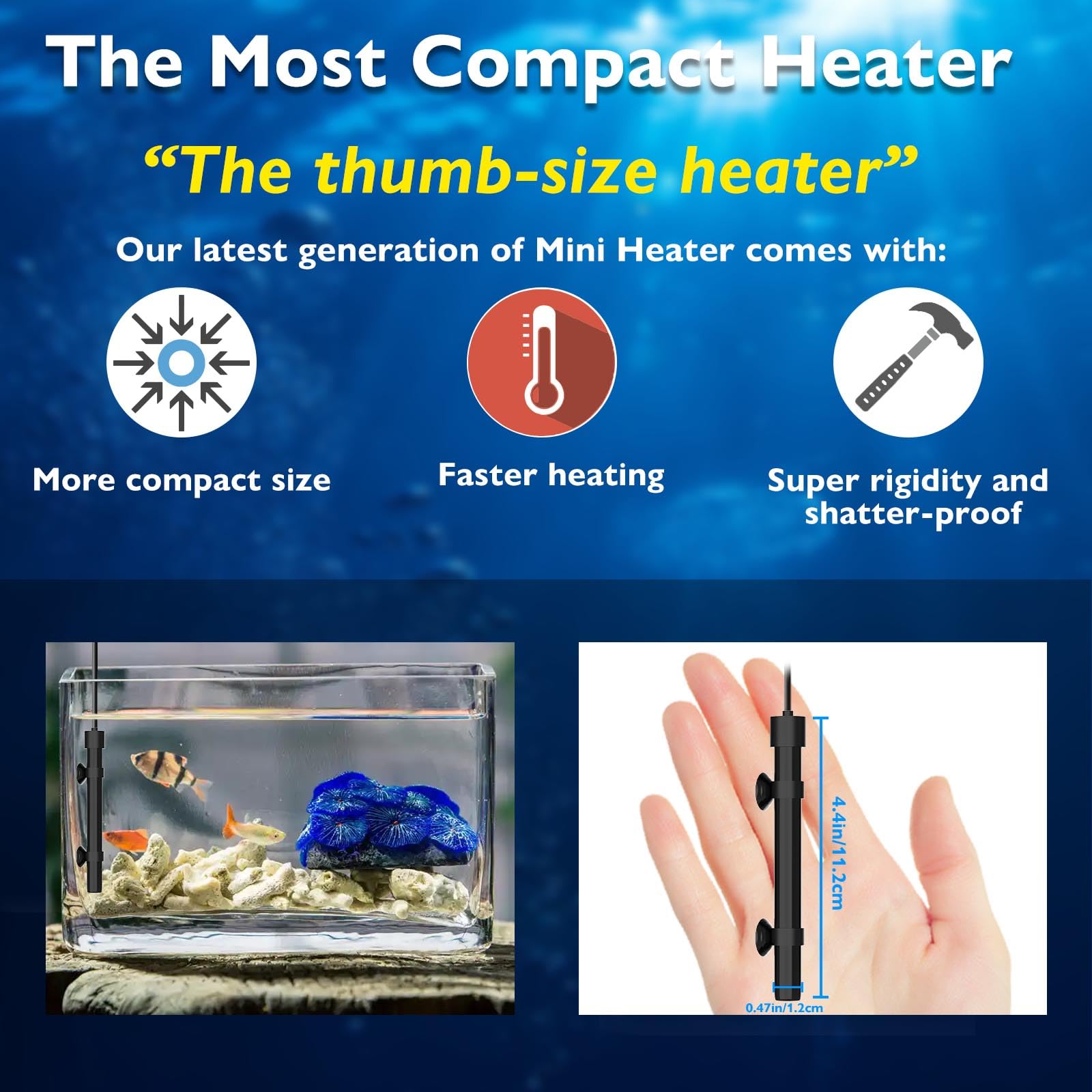 FUMAK aquarium heater 50W alumina ceramic core provides durable heating and energy efficiency.