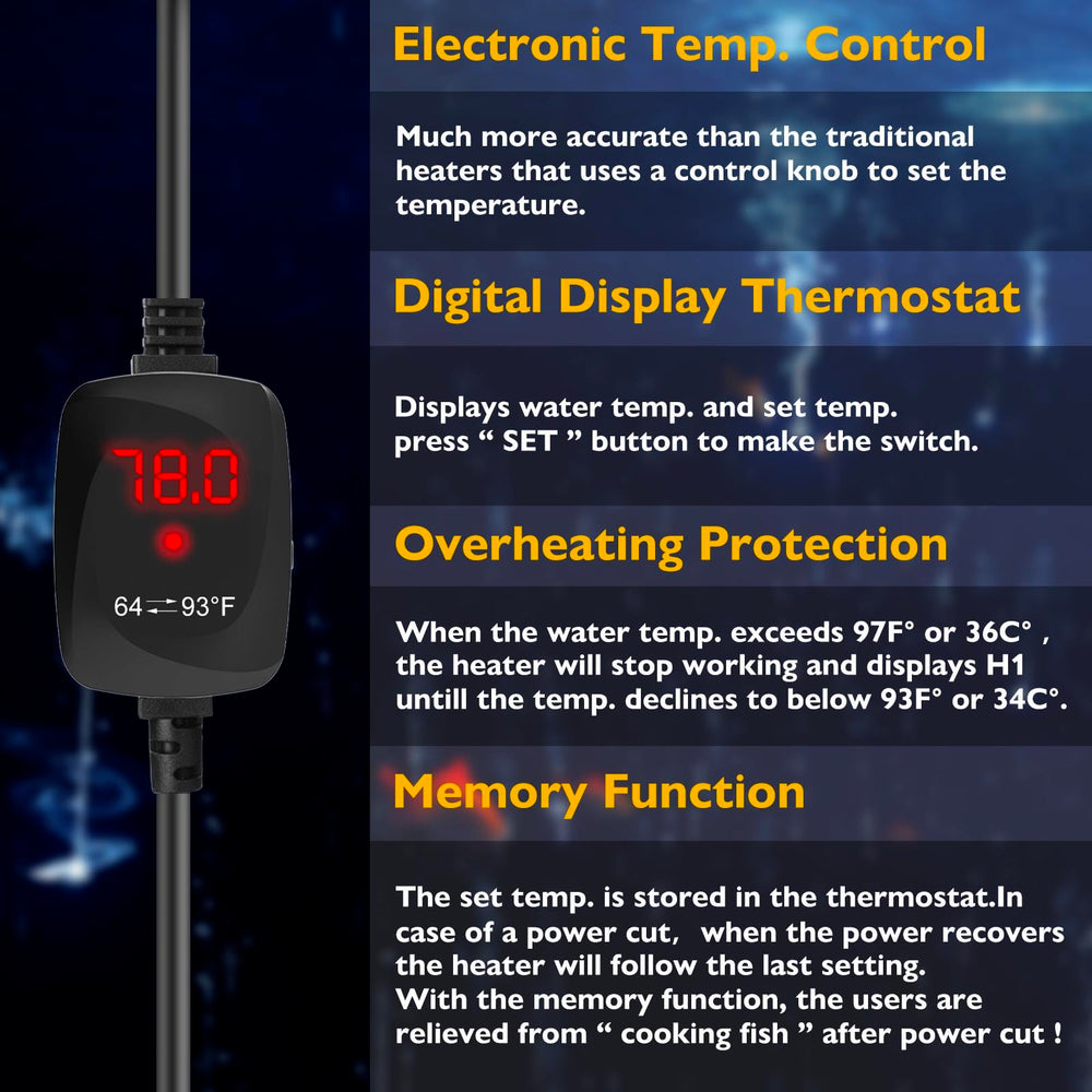 FUMAK aquarium heater 50W memory function resumes last setting after power outages.
