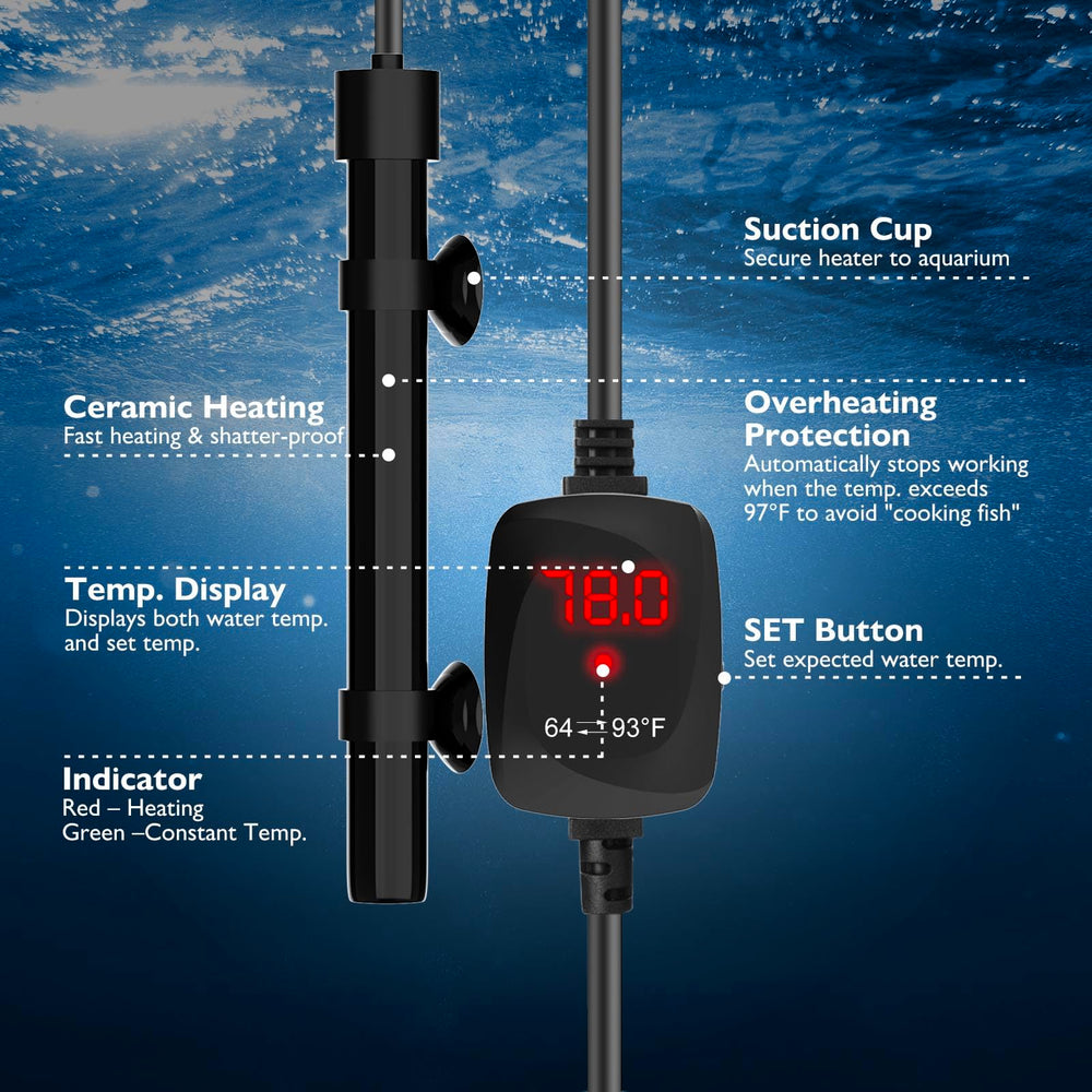 FUMAK aquarium heater 50W overheats protection automatically shuts off near 97°F to safeguard fish.