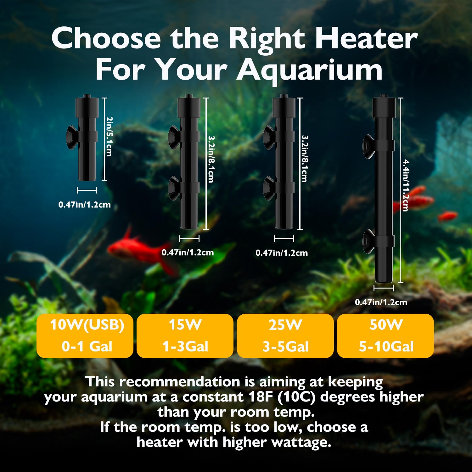 FUMAK aquarium heater 50W submersible design works in freshwater, marine tanks, and turtle habitats.