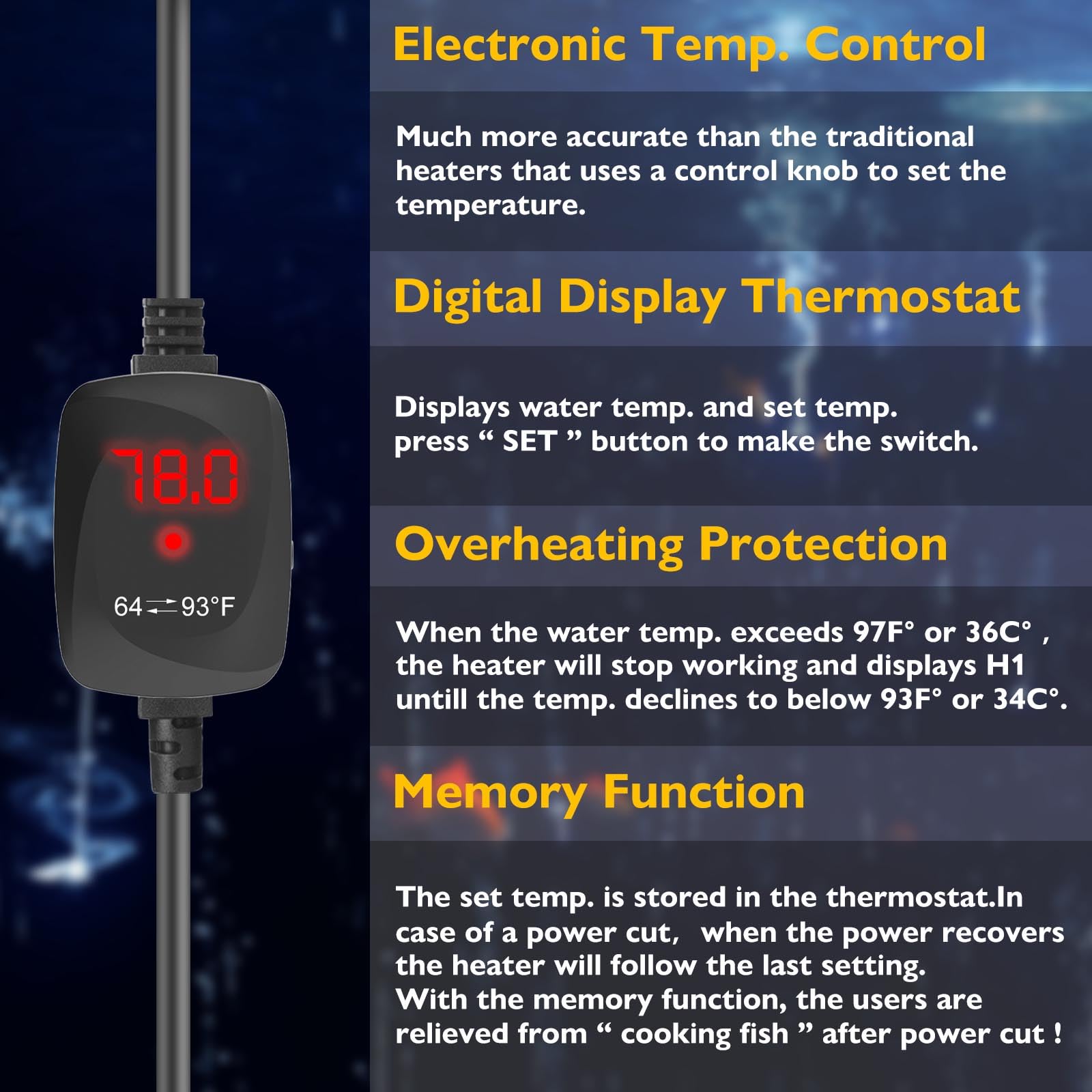 FUMAK memory function image highlights last temperature recall after power restoration for seamless heating.