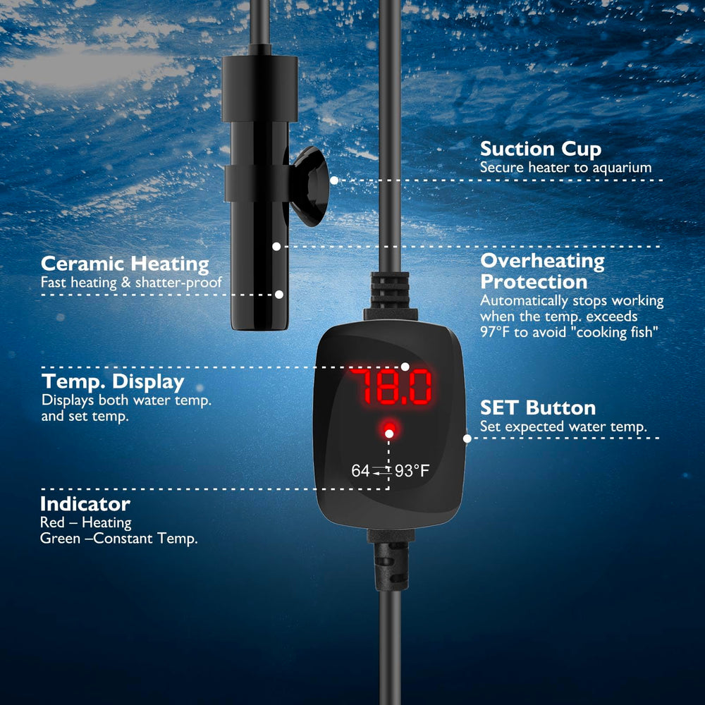FUMAK Super Mini heater overheating protection view demonstrates safety feature guarding pets and fish.