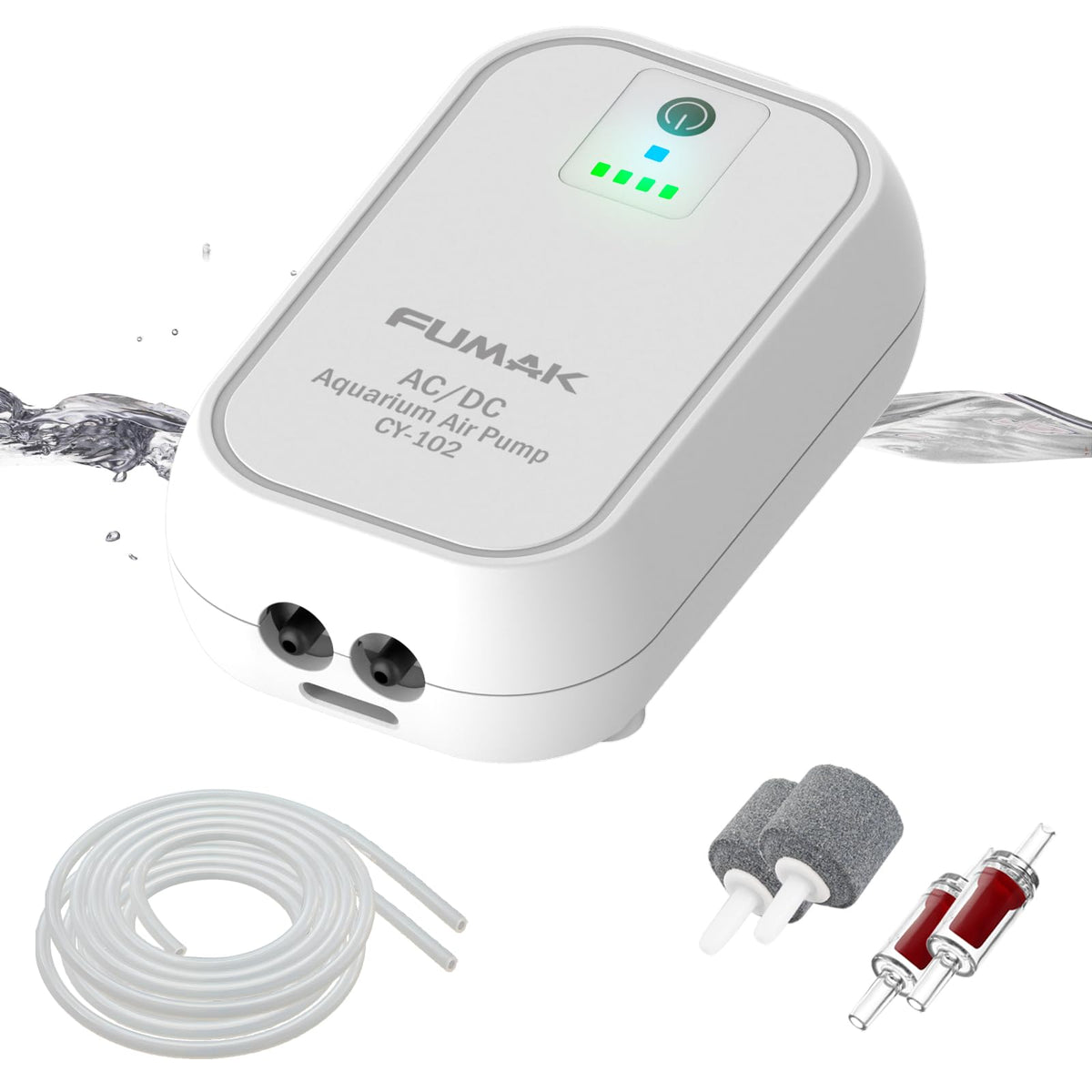 FUMAK battery-powered aquarium air pump front view showing dual outlets for steady aeration.