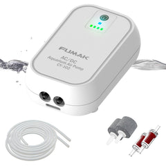 FUMAK battery-powered aquarium air pump front view showing dual outlets for steady aeration.
