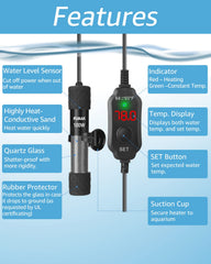 FUMAK heater shows dry-run protection icon indicating safety in low water conditions.