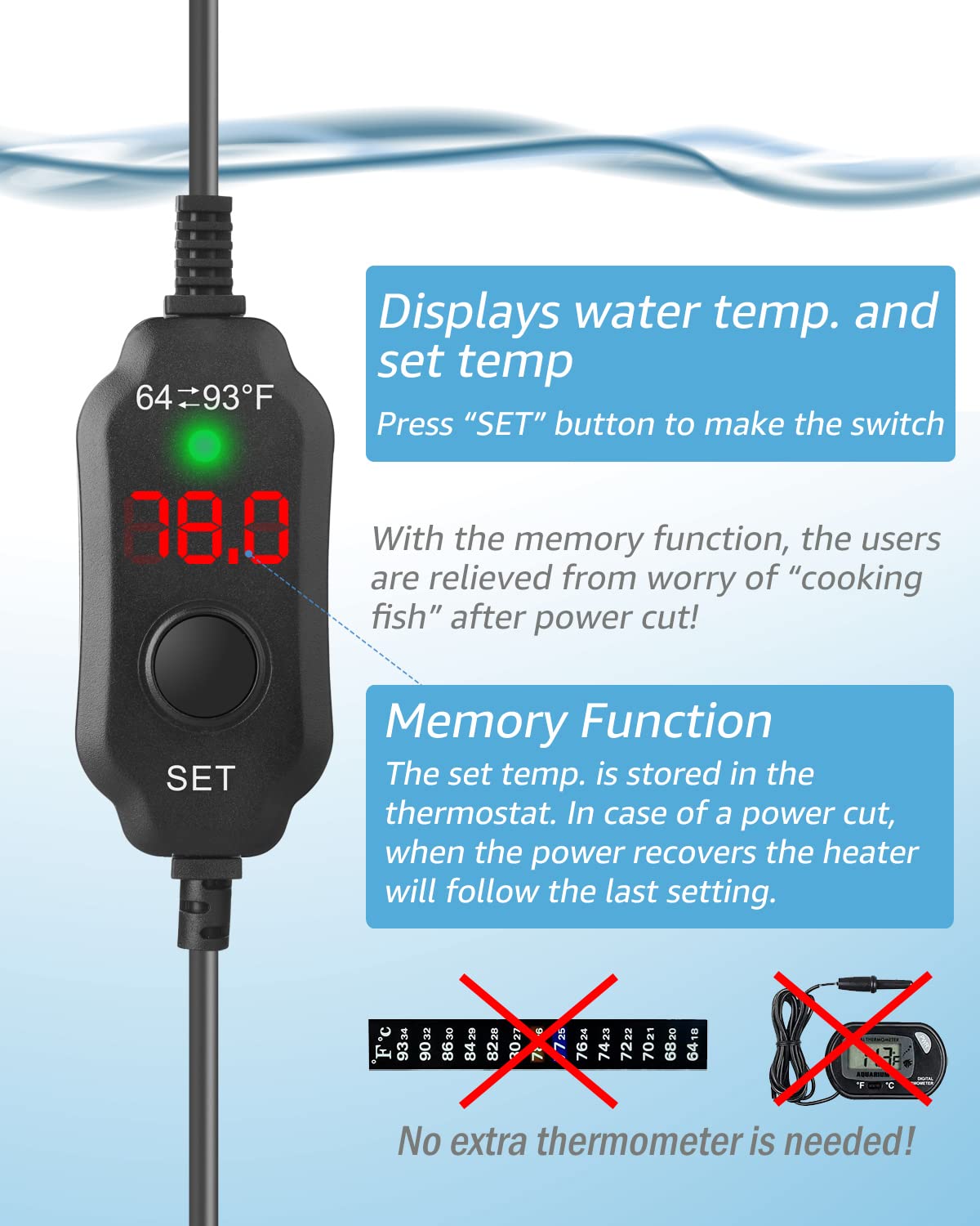 FUMAK aquarium heater memory function screen displays last setting after power loss.