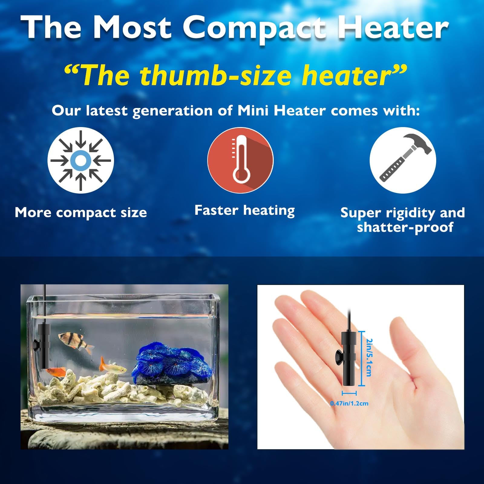 FUMAK Super Mini heater digital display closeup emphasizes precise temperature control for small tanks.