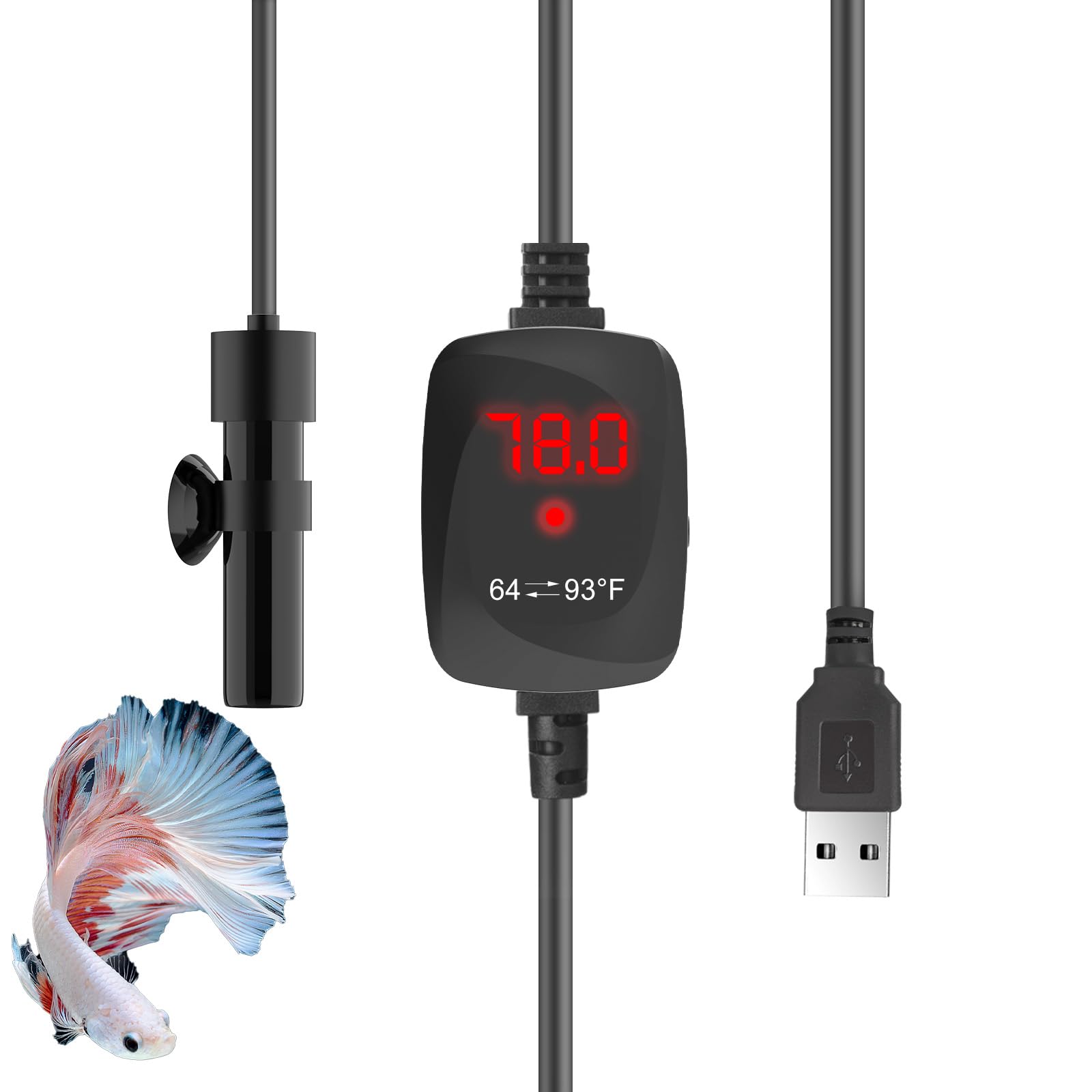 FUMAK Super Mini heater USB 10W assembly highlights compact, energy-efficient warmth for nano betta tanks.
