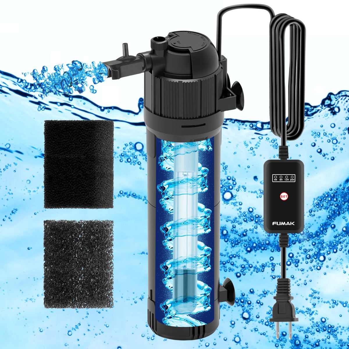 FUMAK U-V aquarium filter front view showing compact submersible design.