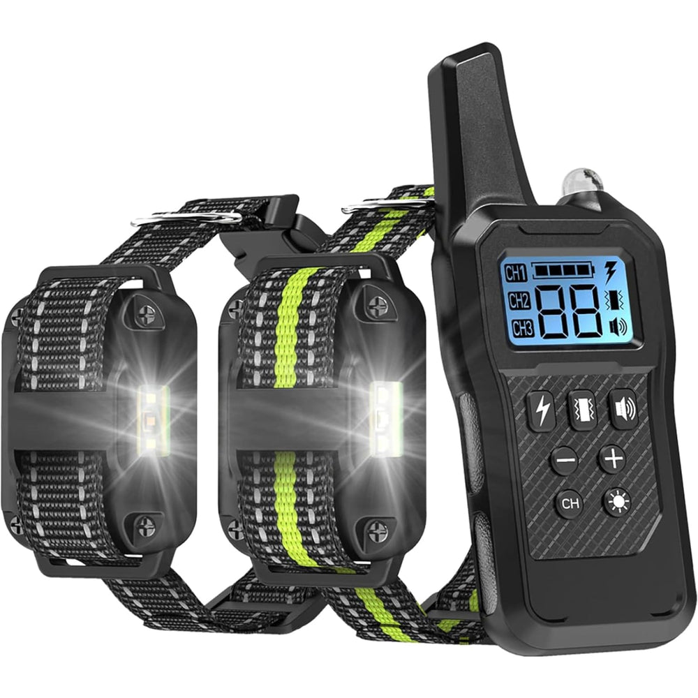 FunniPets dog shock collar remote kit demonstrates dual-collar setup for two dogs' training.