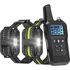 FunniPets dog shock collar remote kit demonstrates dual-collar setup for two dogs' training.