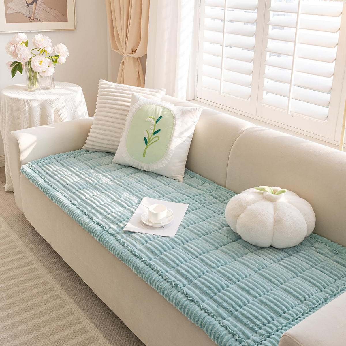 Funny Fuzzy couch cover blue side view with non-slip bottom for stable sofa protection.