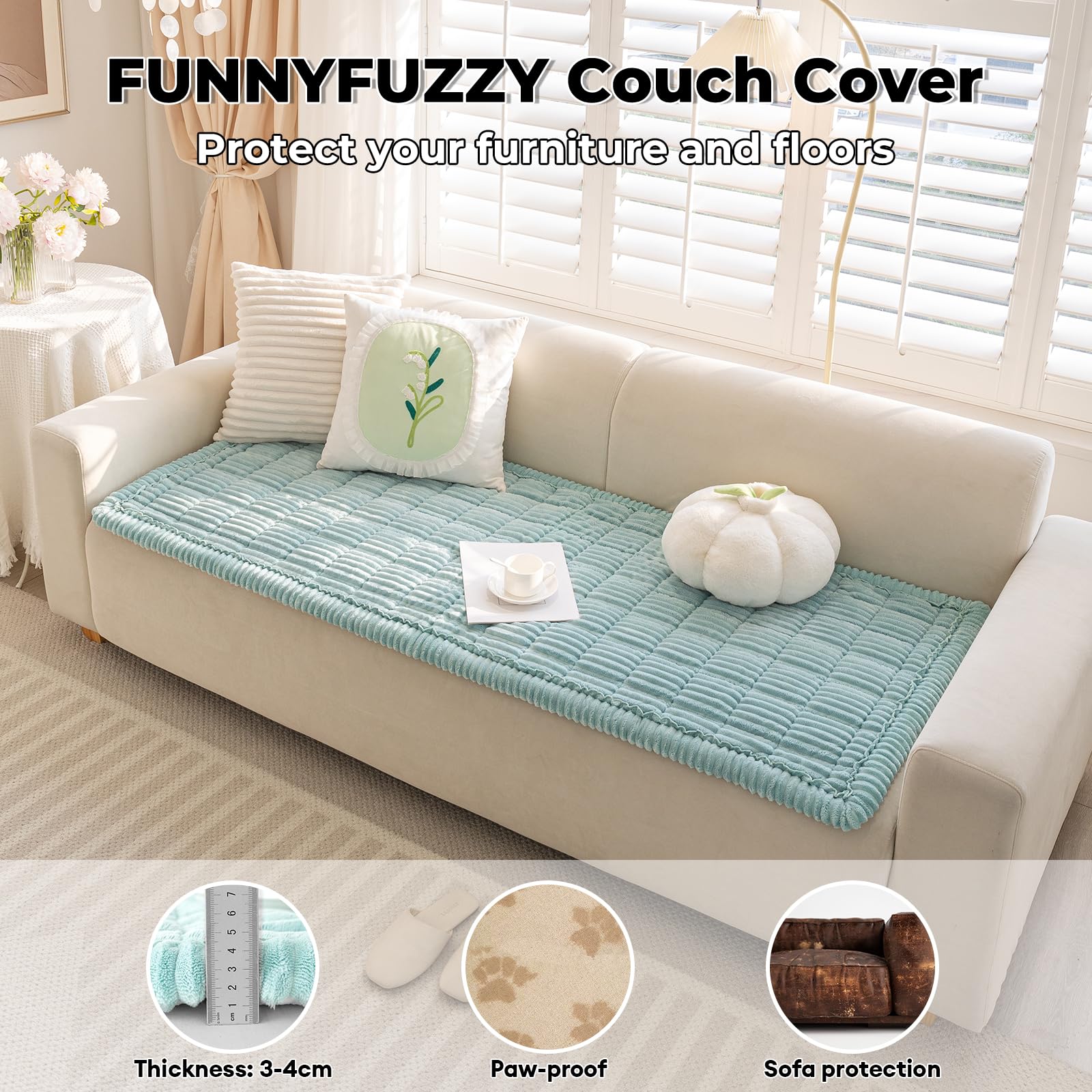 Funny Fuzzy pet couch protector on a sofa demonstrates washable, pet-friendly protection.