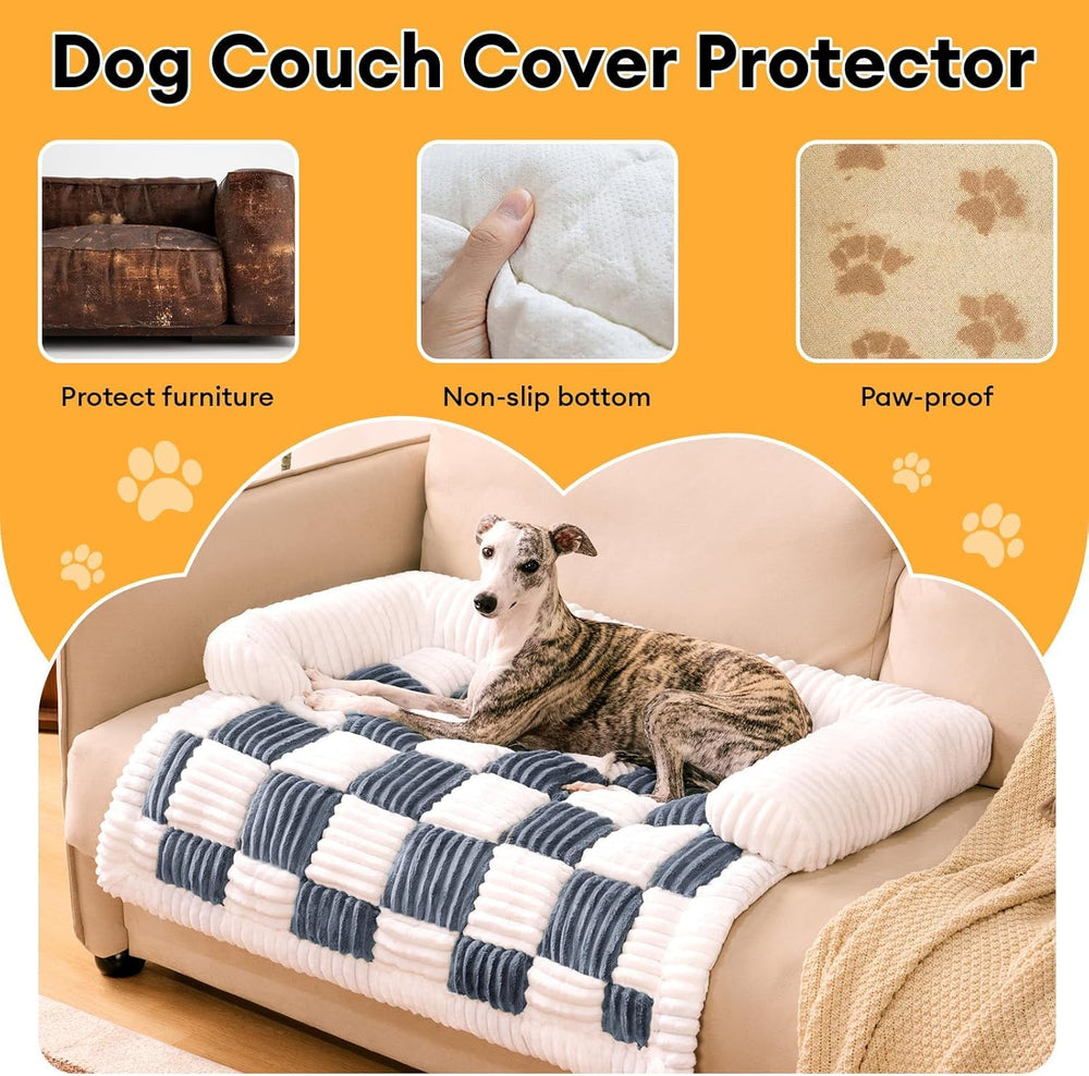 Funny Fuzzy dog bed on sofa shows dual purpose for lounging and protection.