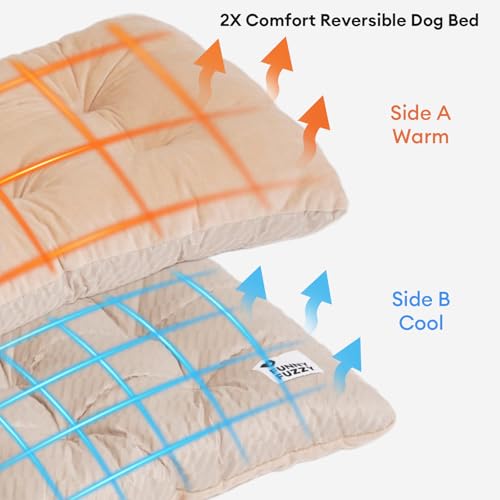 Funny Fuzzy dog bed side view in crate highlights snug fit and quick setup