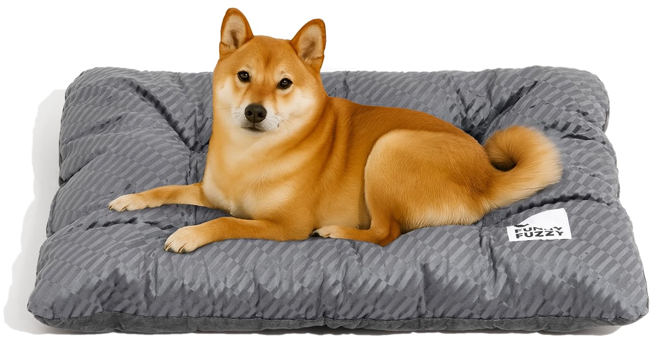 FUNNY FUZZY 35×23 dog crate bed close-up shows orthopedic cushion for joint support.